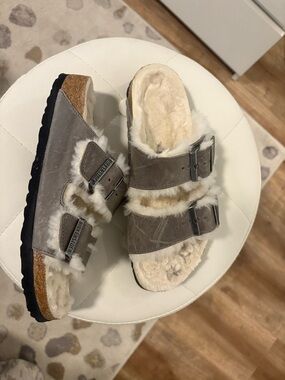Birkenstock Grey Shearling Arizona Soft Footbed Sandals